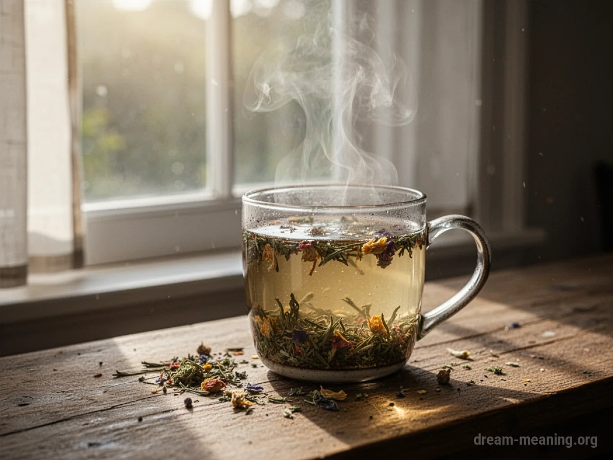 A mug of herbal tea on a table with sunlight.