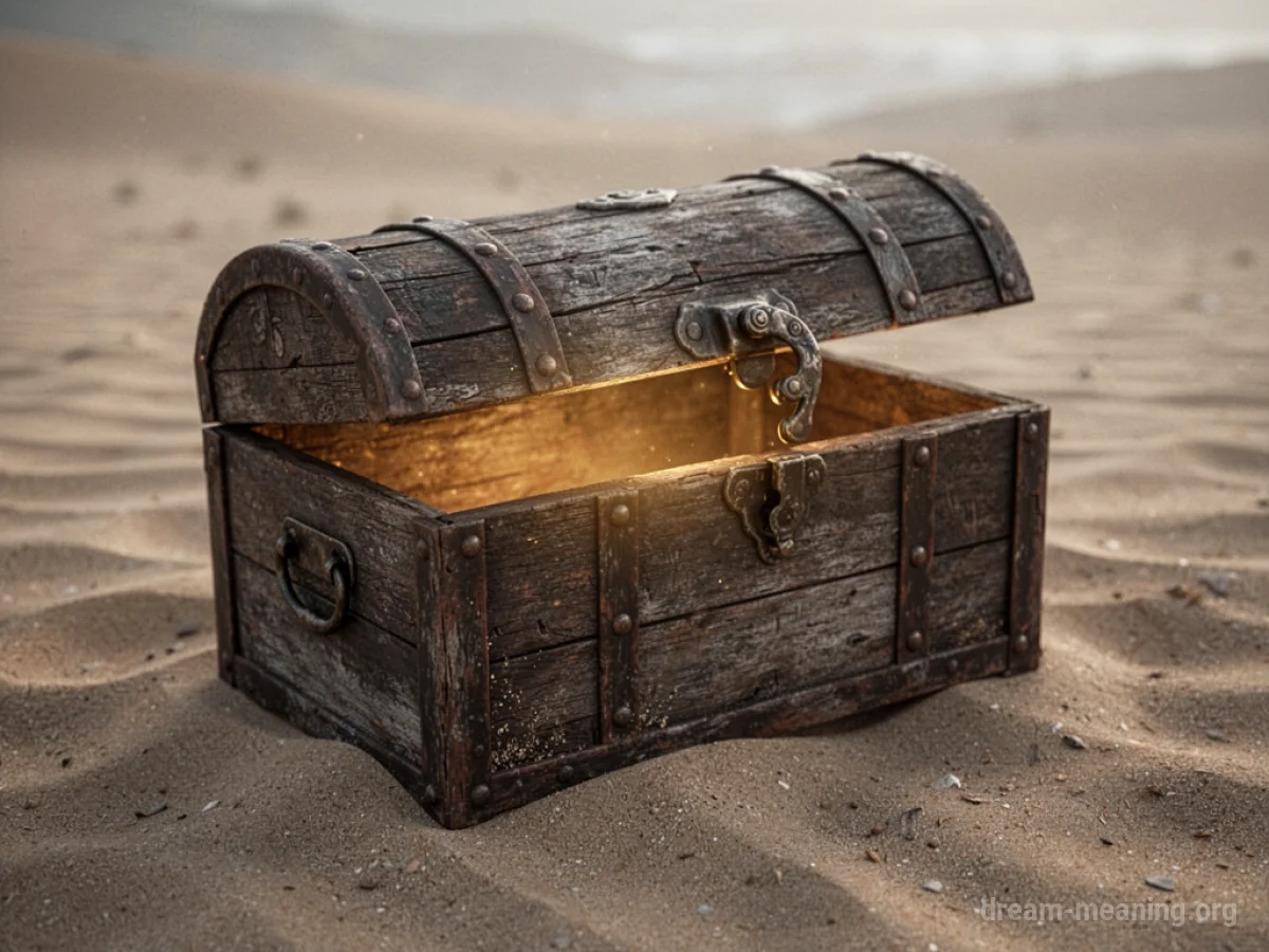A partially opened wooden chest on sand with a golden light.