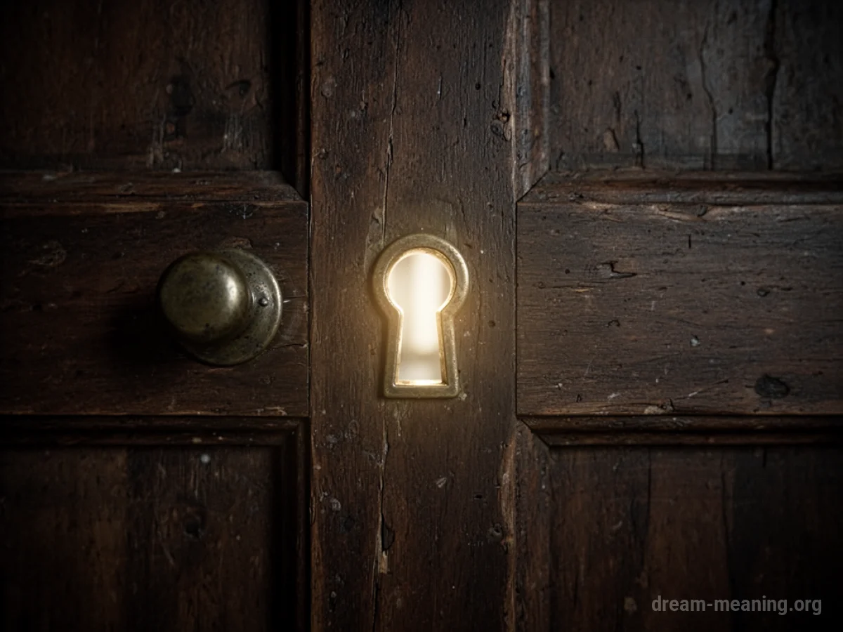 A dark wooden door with a keyhole emitting a faint light.
