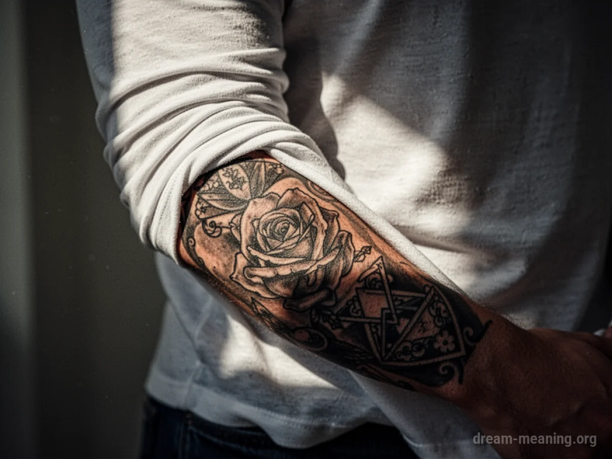 A person's arm with a tattoo being covered by clothing.