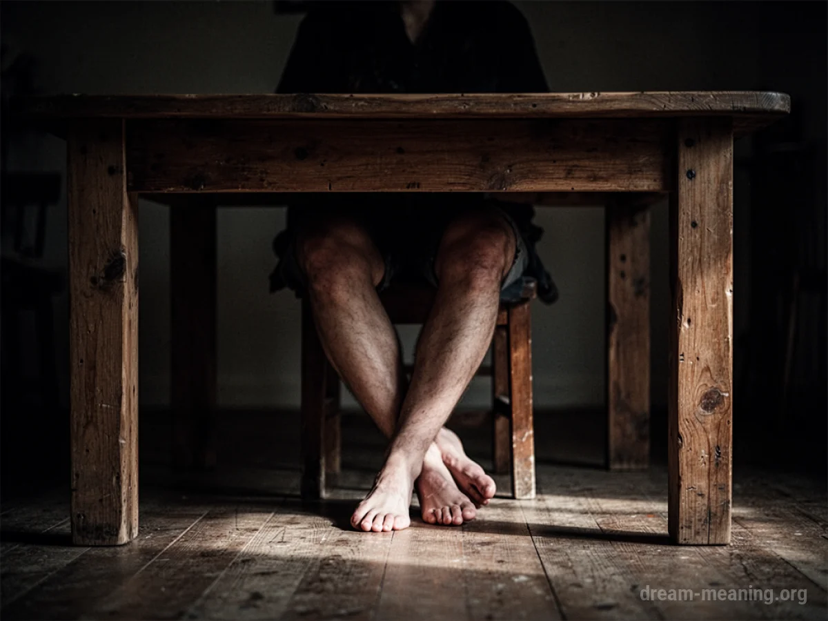 Legs and feet sticking out from under a table, with the area below the table in shadow.