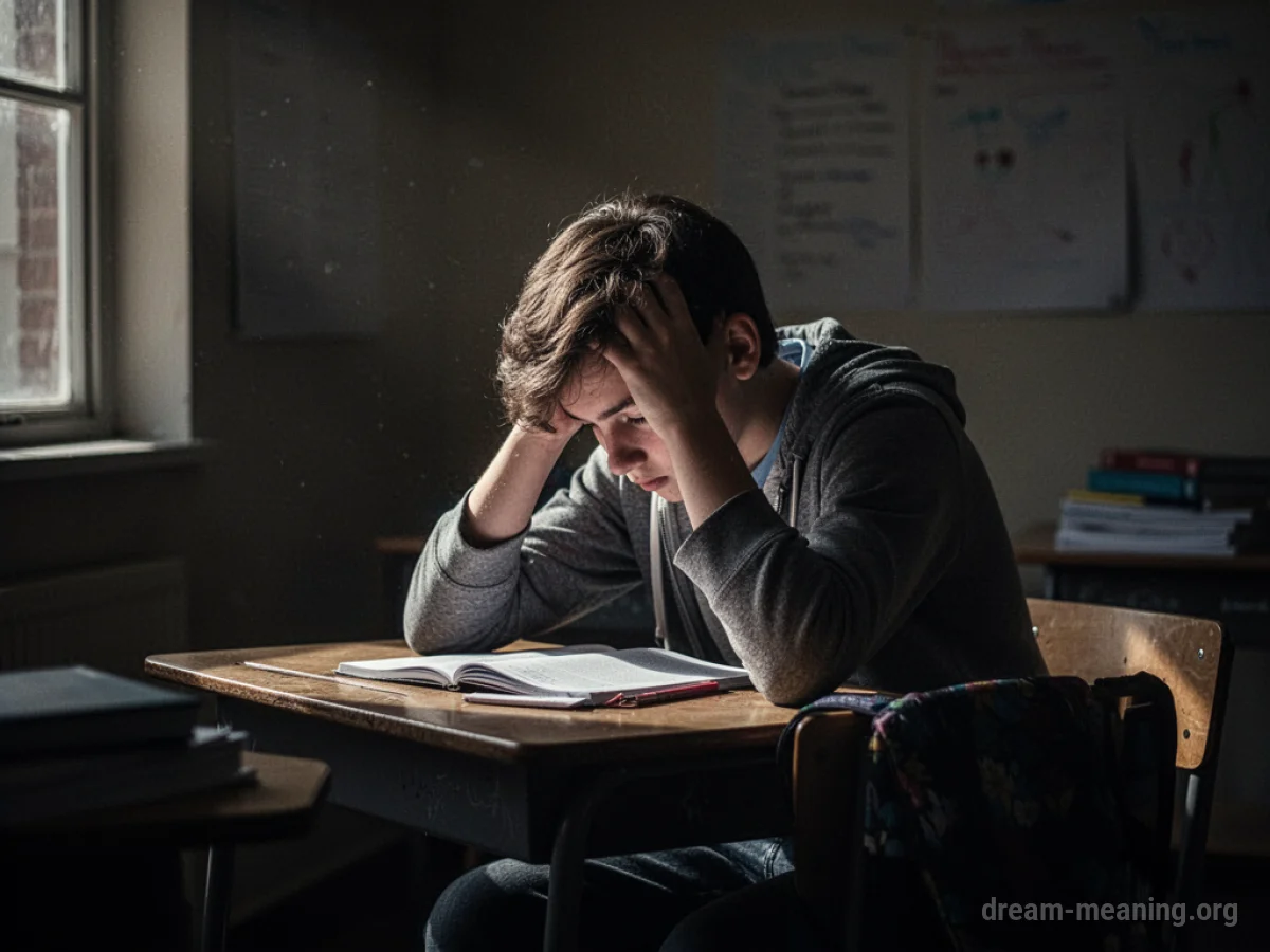 Student with head in hands at a desk in a dark room.
