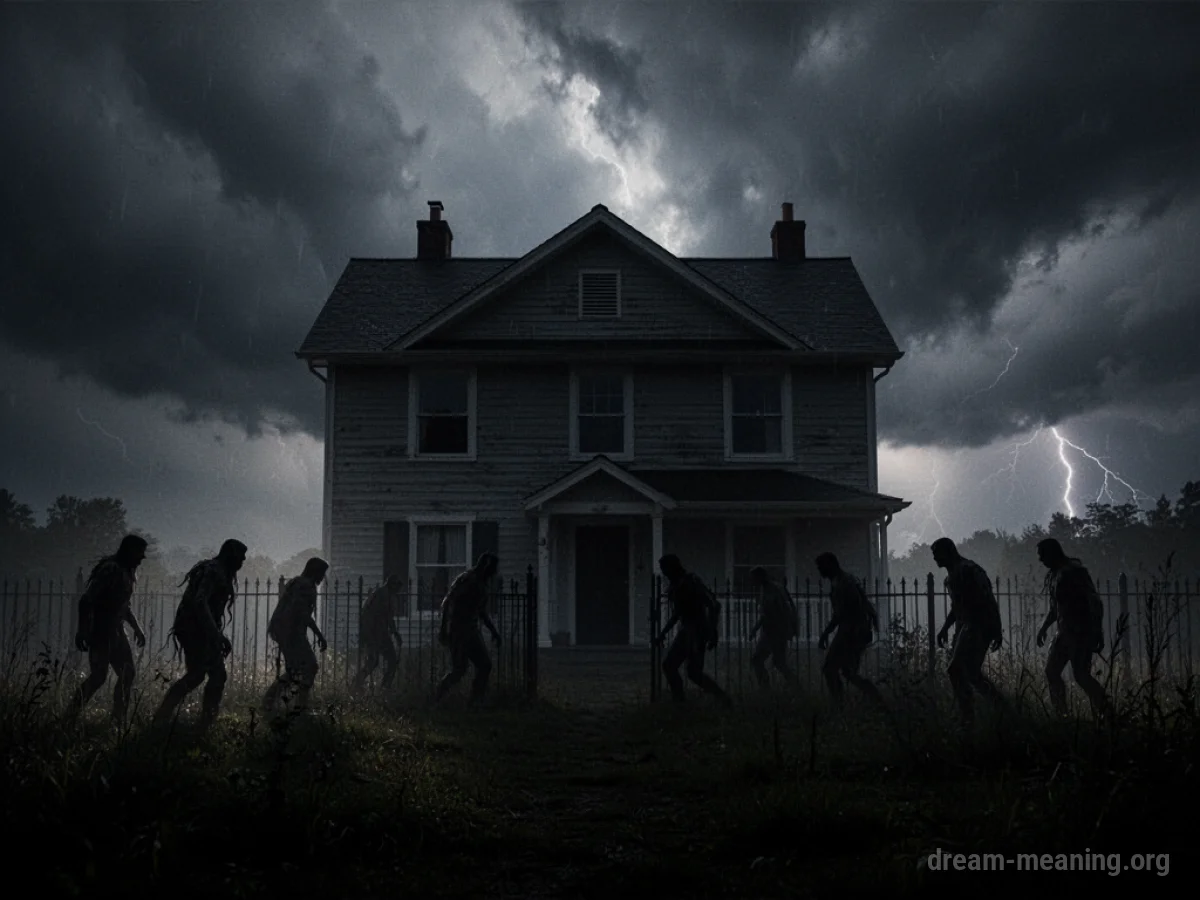A house silhouetted against a dark, stormy sky with shadowy figures at its edge.