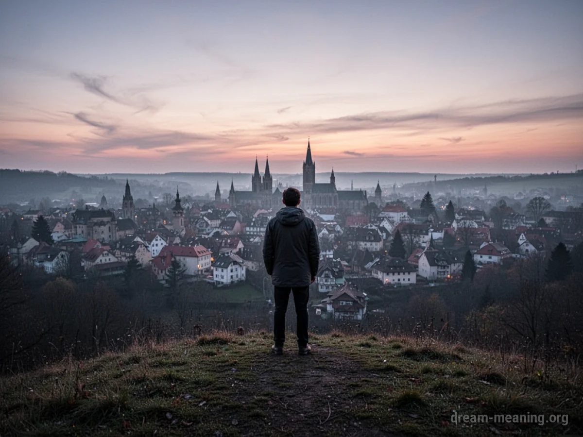A person silhouetted on a hill looking towards a small town.