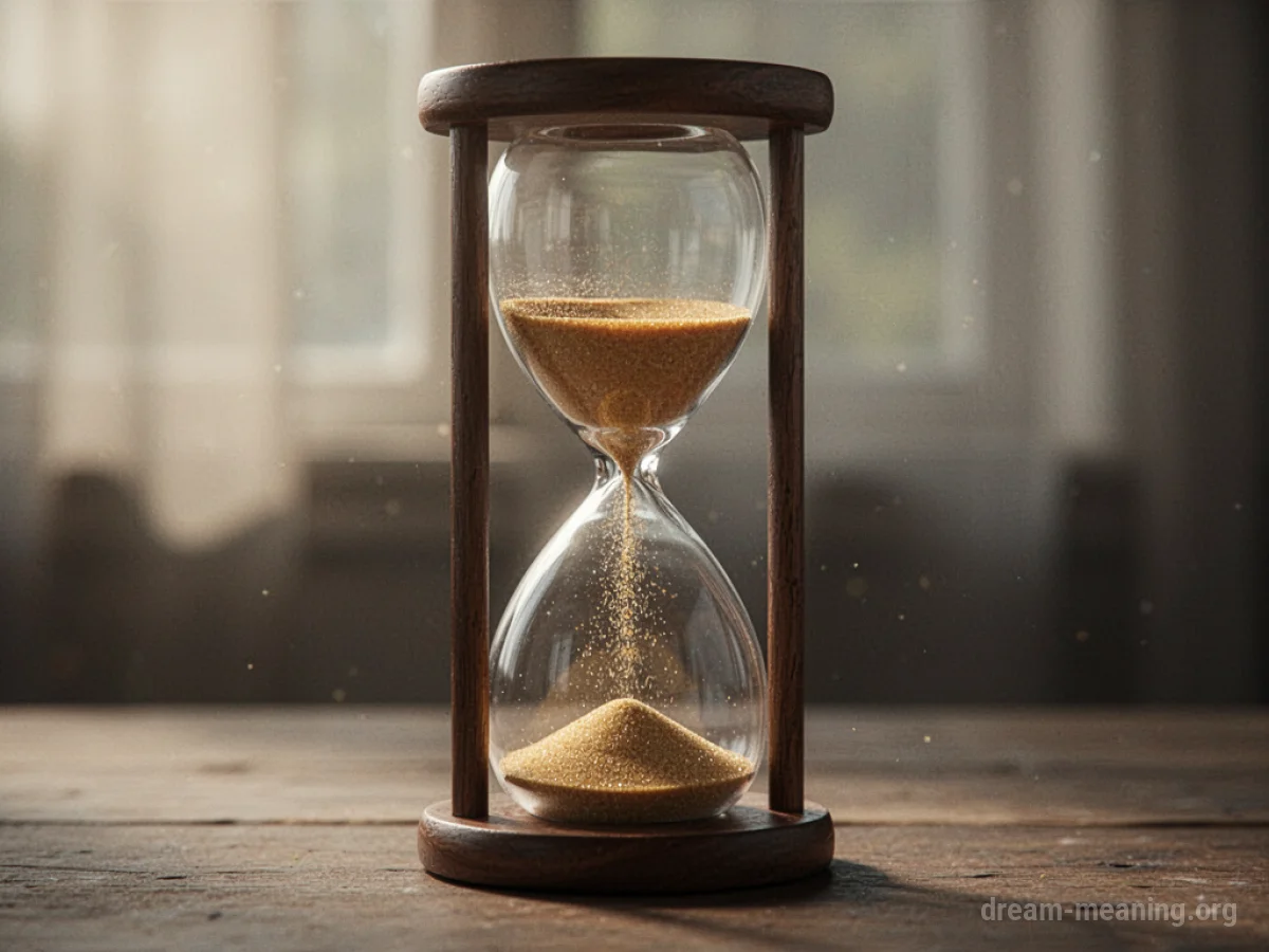 Close-up of an hourglass with sand nearly gone from the top bulb.