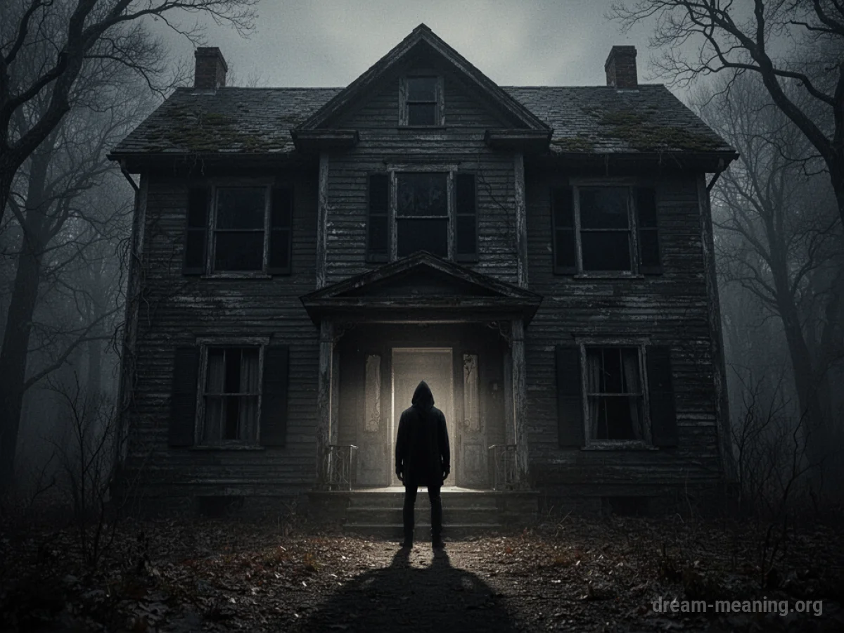 Silhouette of a figure outside a dark, foreboding house.
