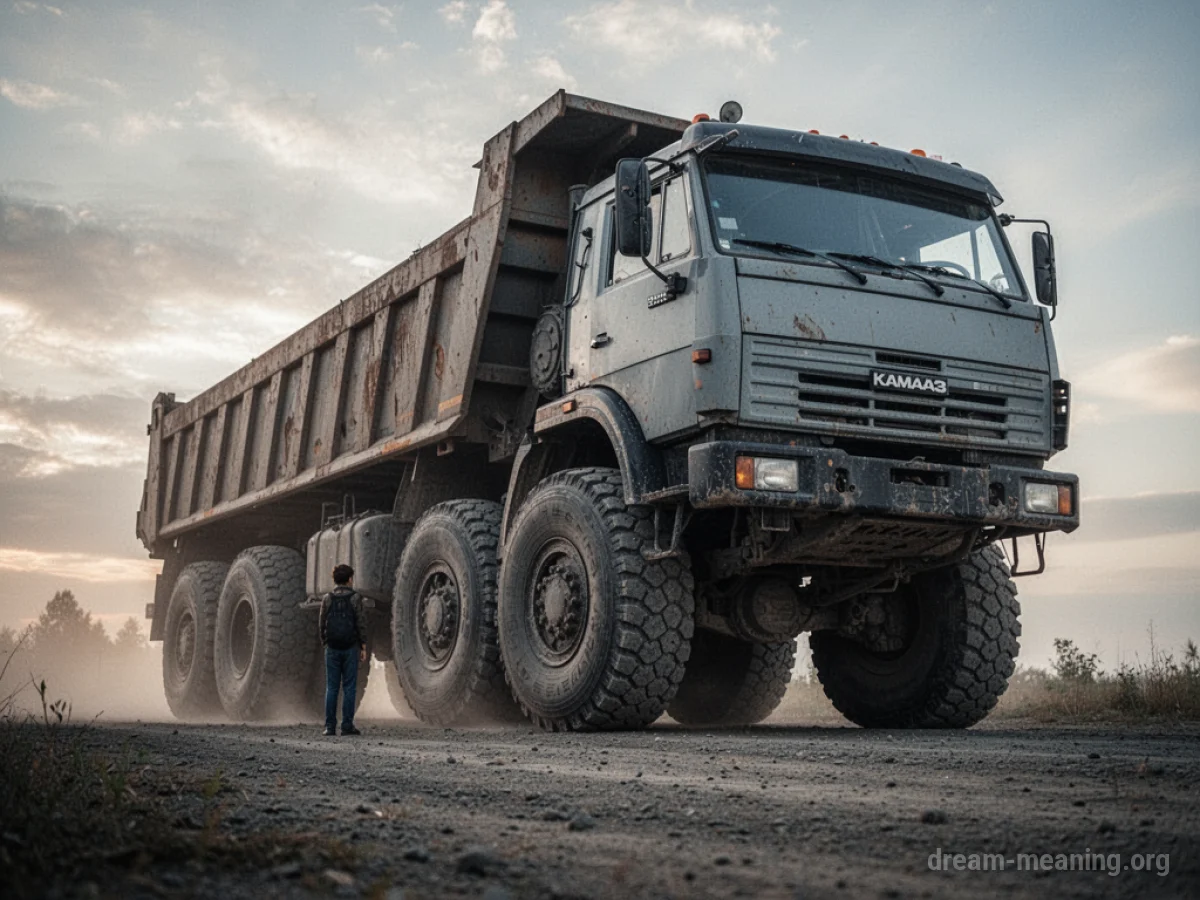 A very large truck seen from a low perspective with a tiny person nearby.