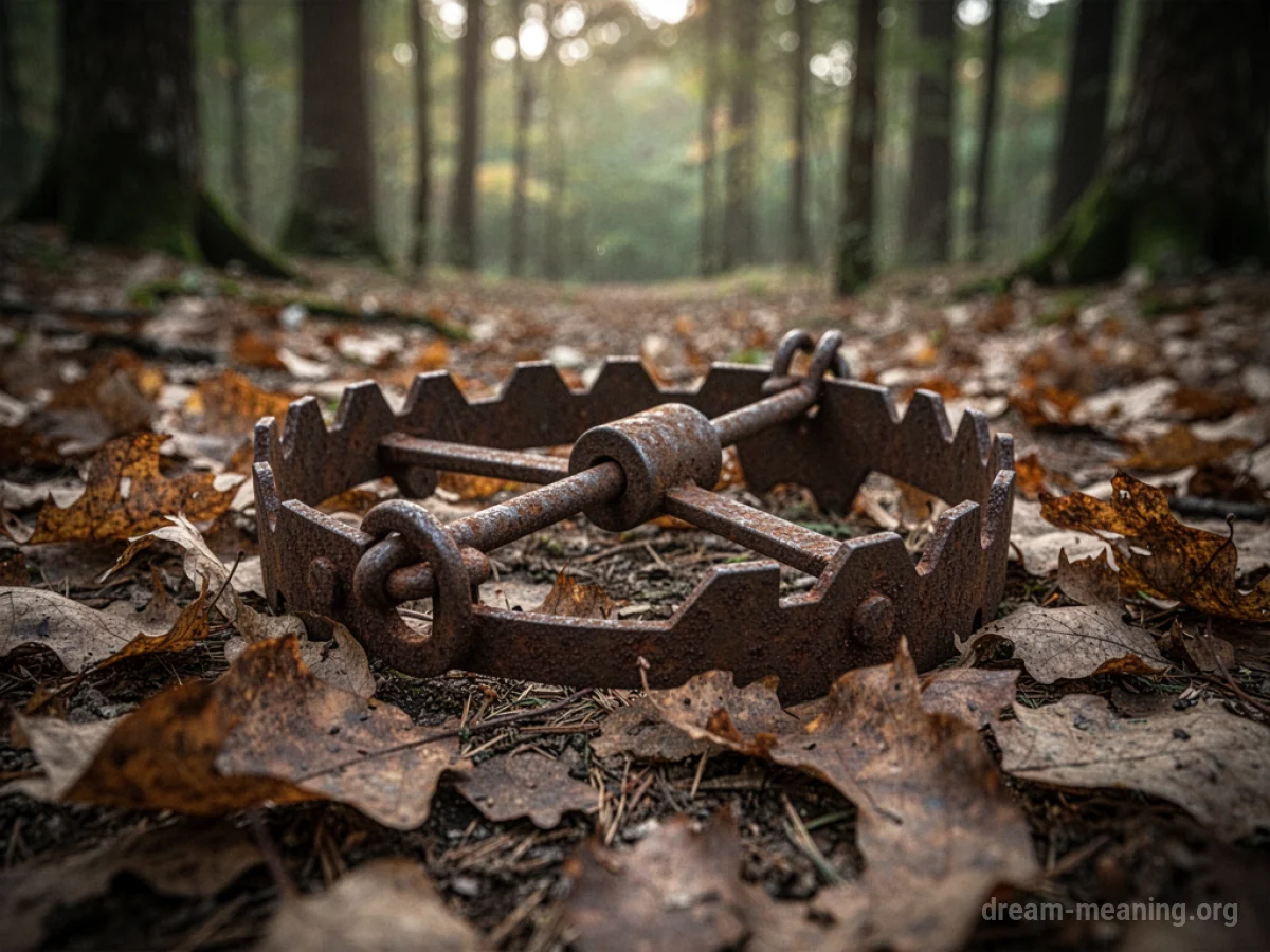 A metal hunting trap lying on the forest floor covered with leaves.