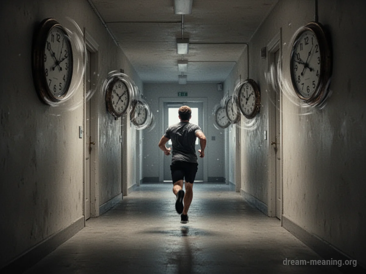 A person running down a corridor with spinning clock hands on the walls.