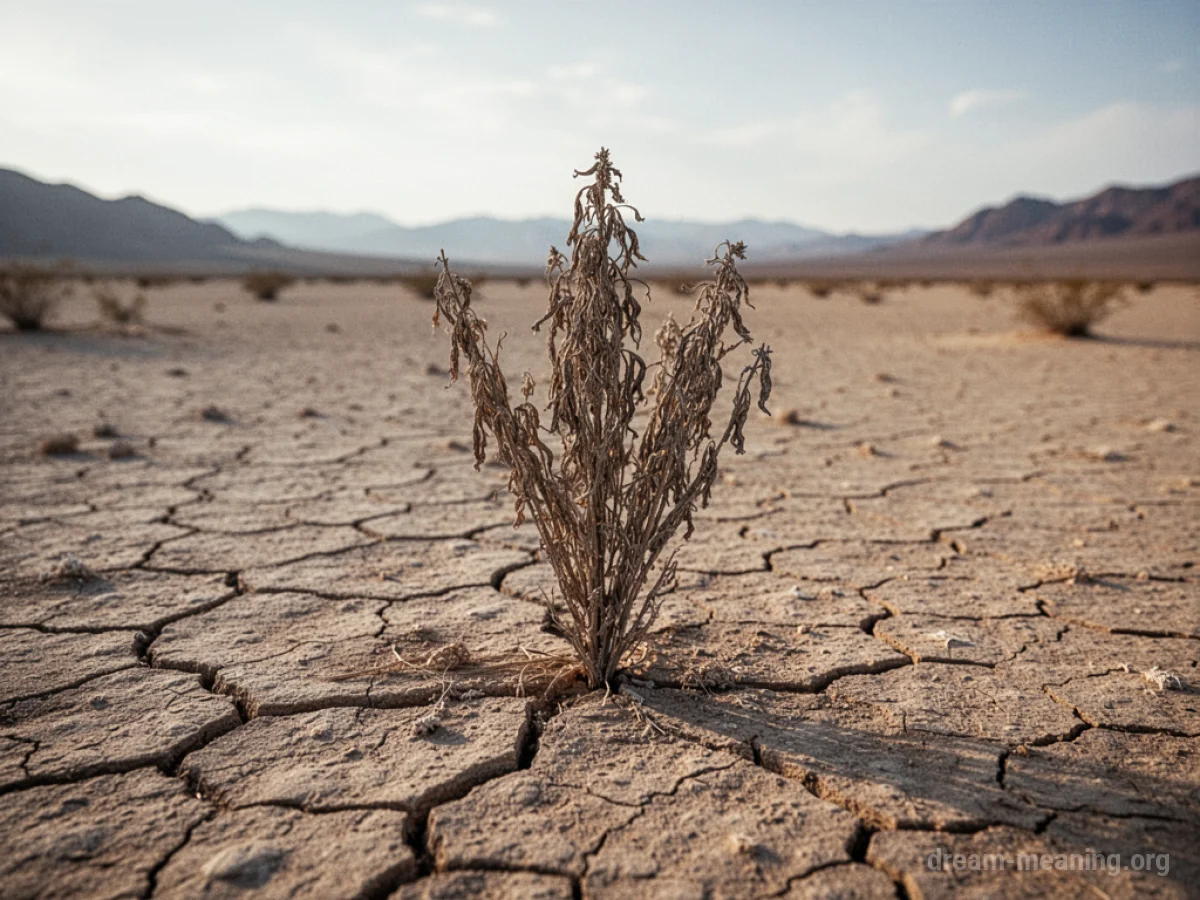 A dry, cracked desert landscape with a single, withered plant.