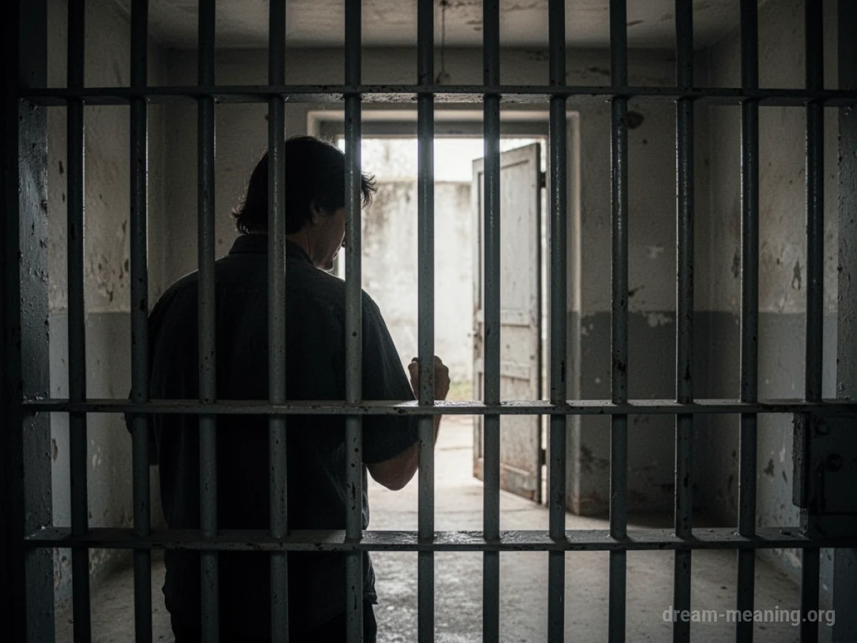Silhouette of a person behind cage bars looking towards an open doorway.