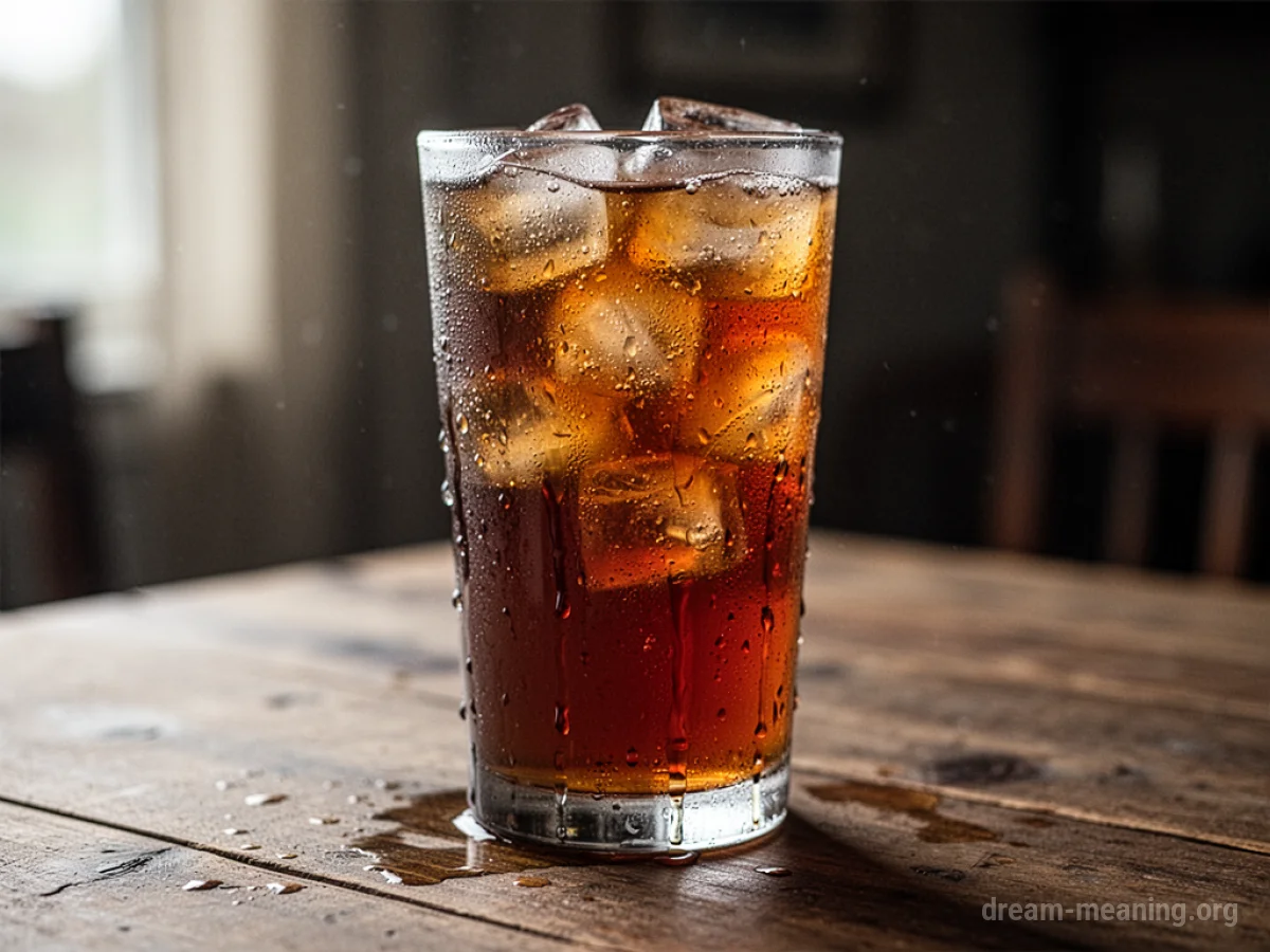 A close-up of a glass filled with iced tea and ice cubes.