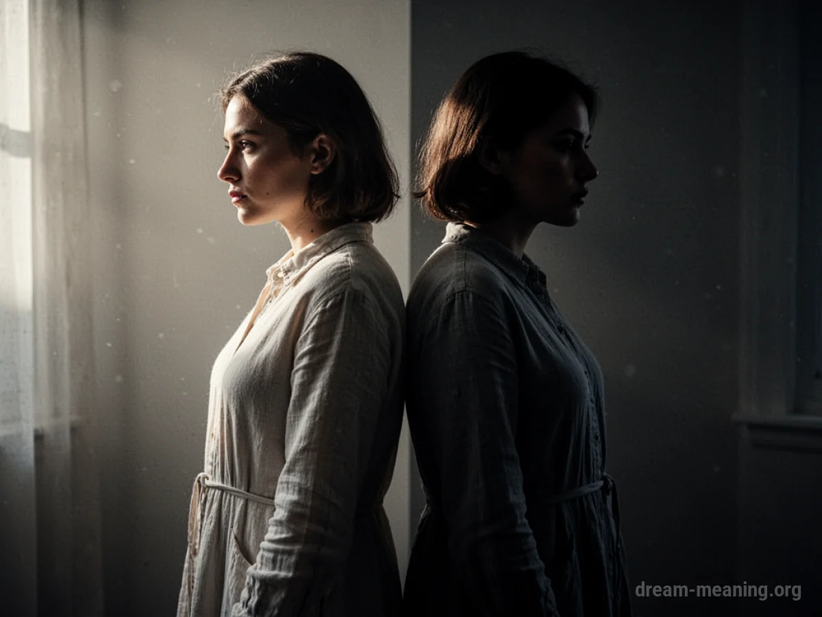 Two identical figures facing away from each other, one illuminated, the other in shadow.