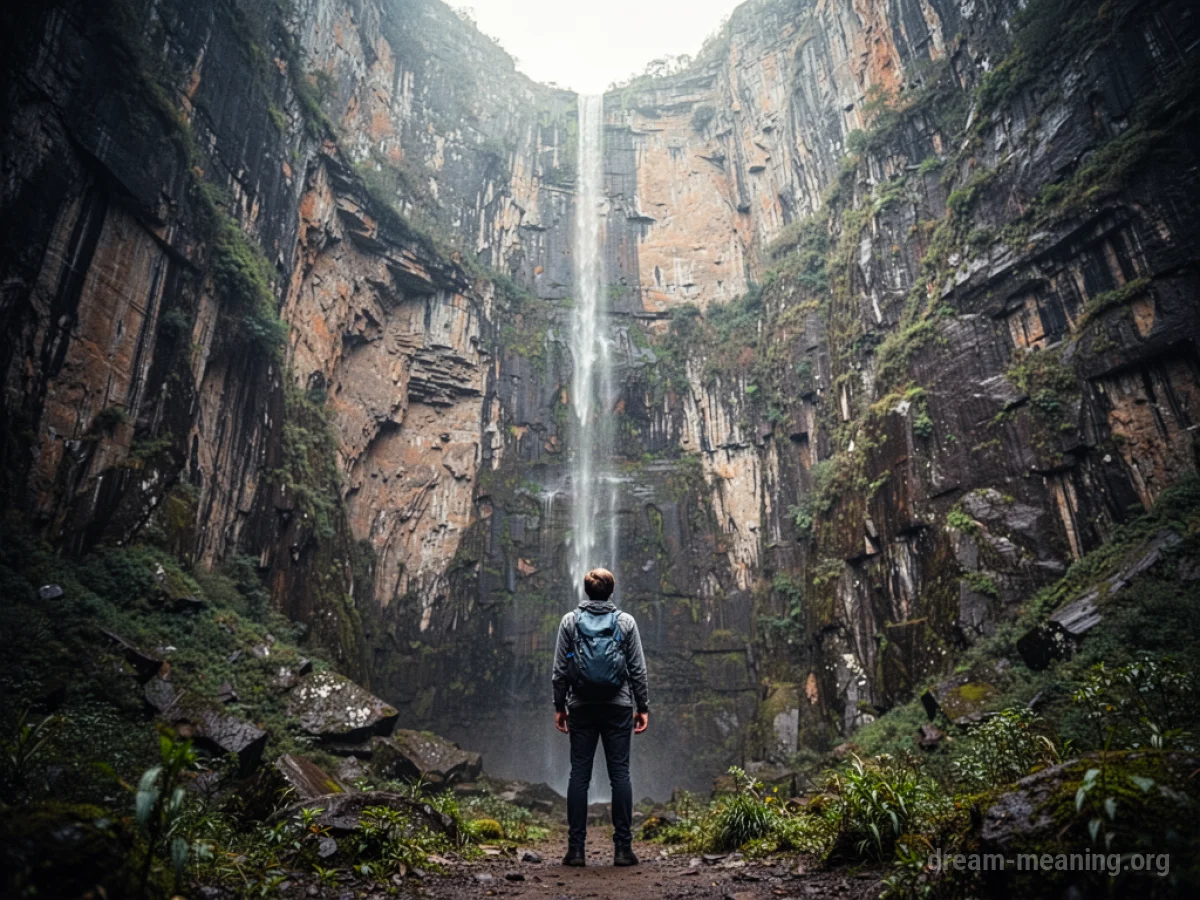 A person looking up at a very steep, tall cliff.