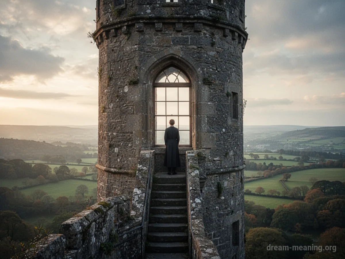 A person looking out a window from high up in a tower.