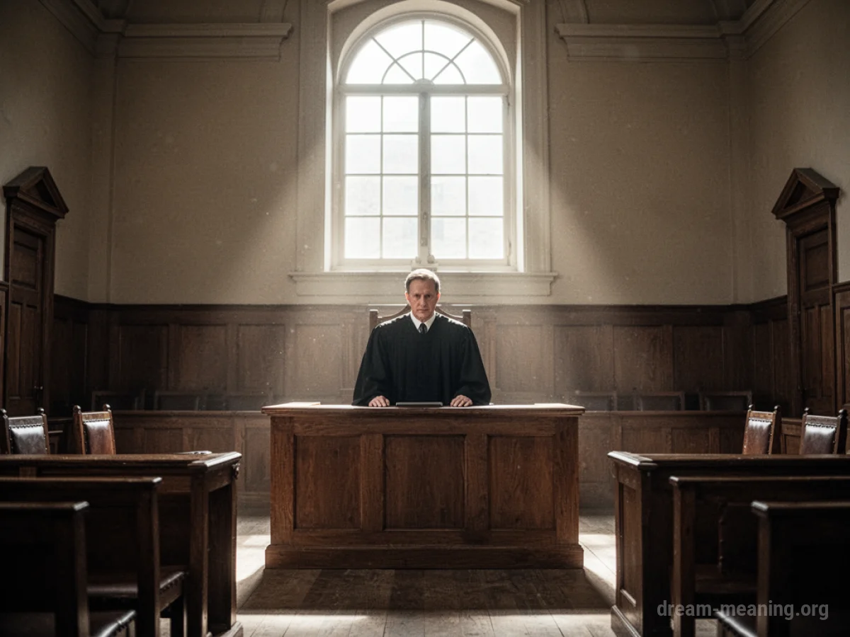A person in judicial robes stands at a judge's bench in an empty courtroom.