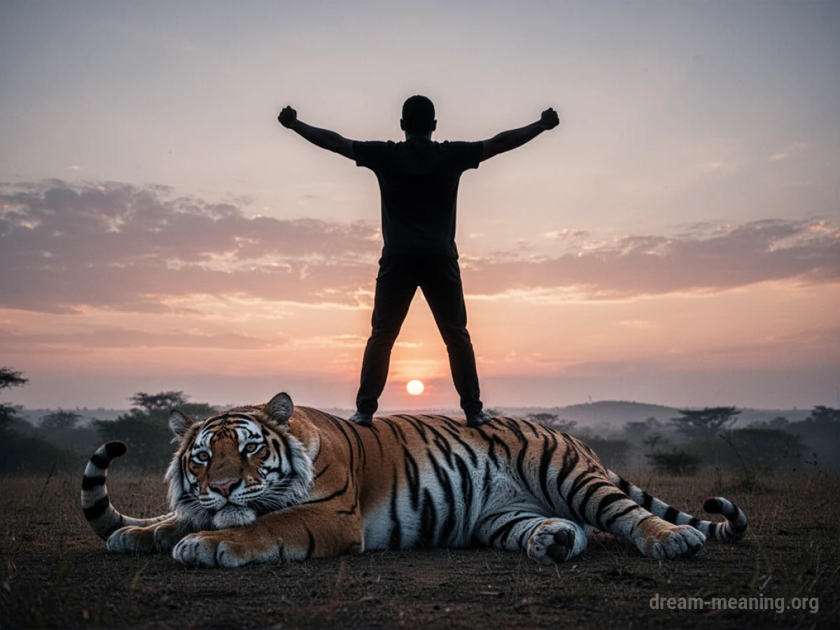 Silhouette of a person standing over a stylized fallen tiger.