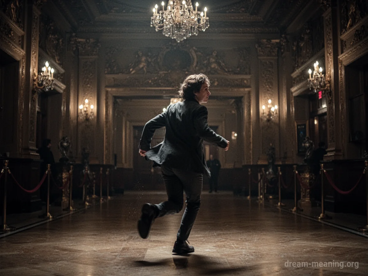 A person hurrying through a grand theater lobby.