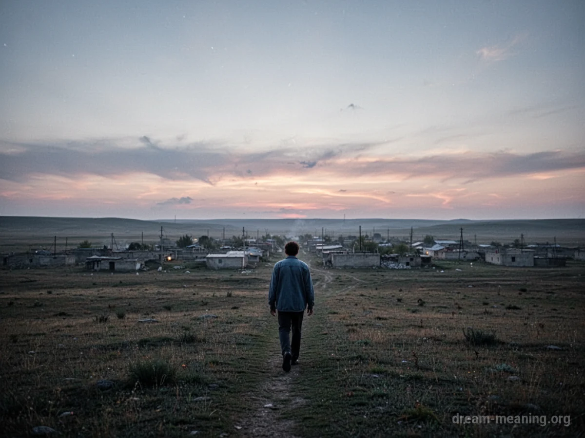 A lone figure walks away from a village towards a wide, open horizon.