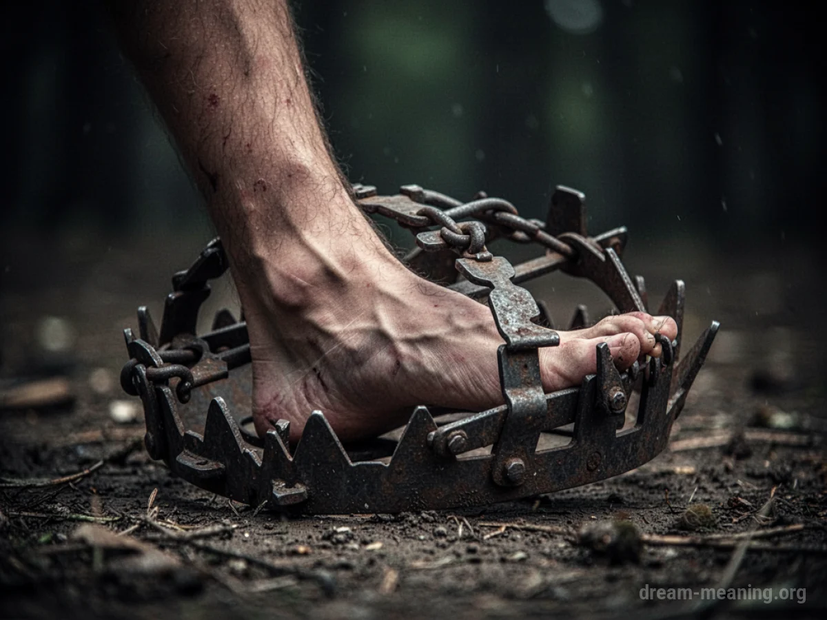 A human leg is held fast by the metal jaws of a trap.