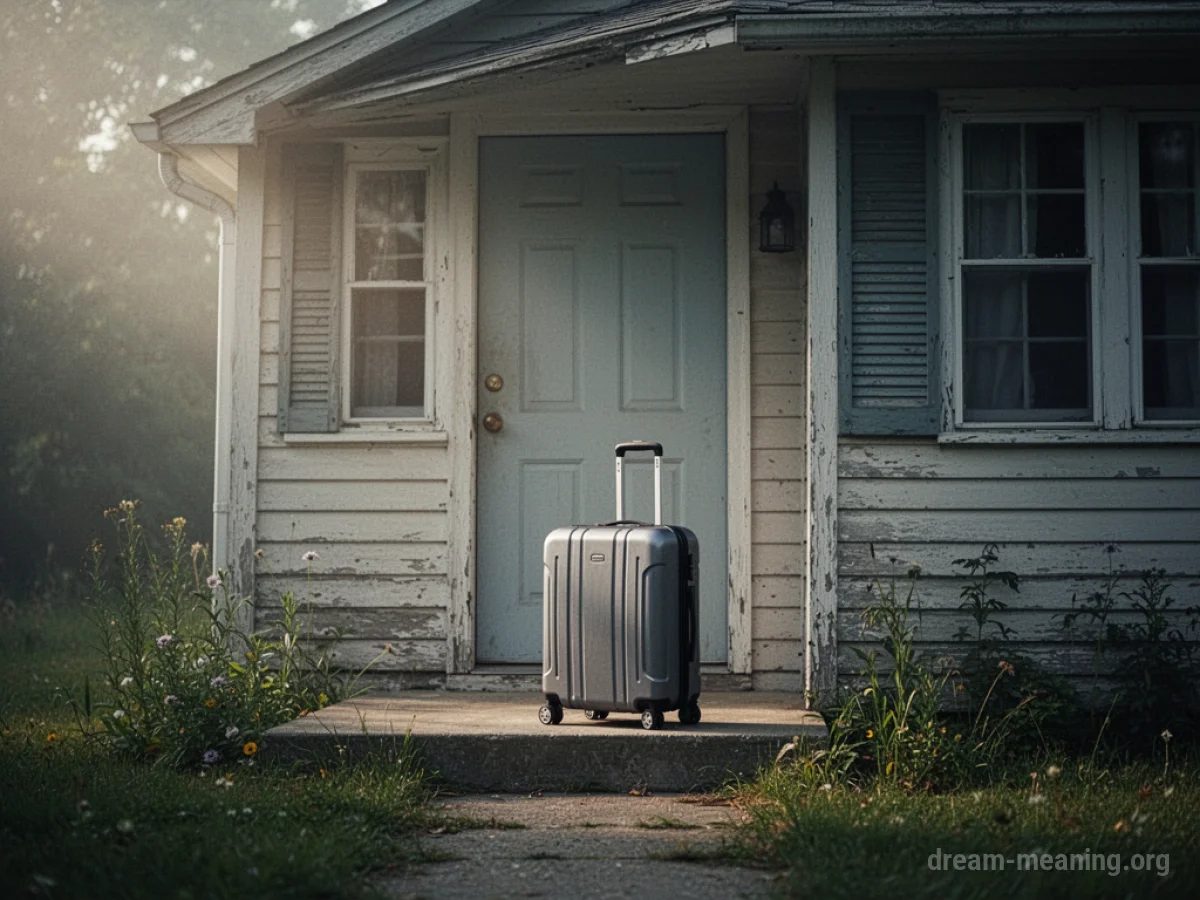 A single suitcase rests on the porch of a house.