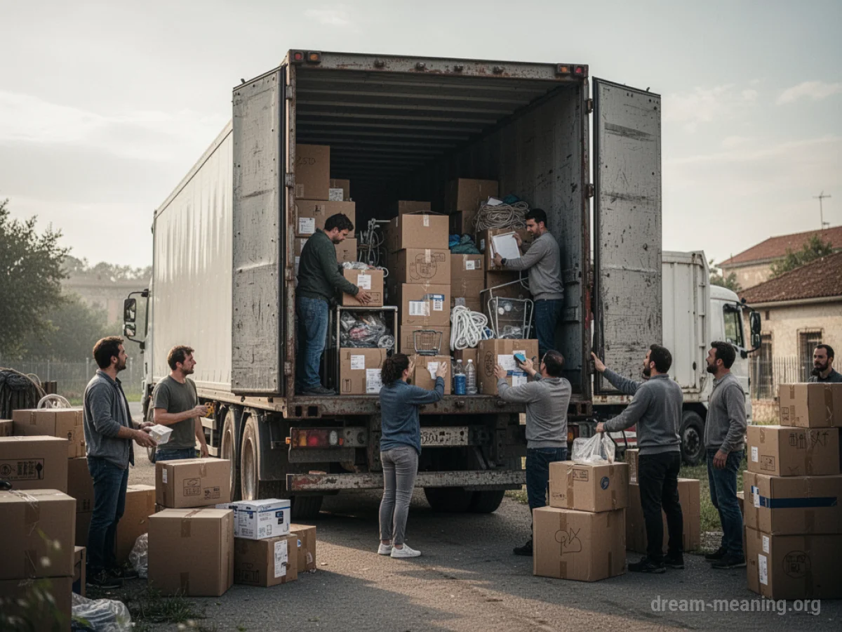 People loading boxes into the back of a large truck.