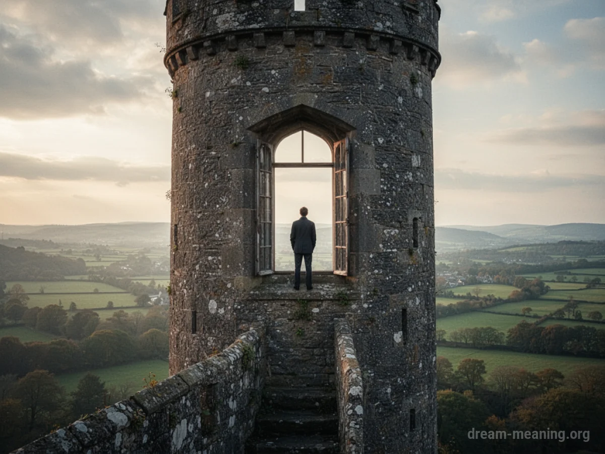 Silhouette of a person looking out a window high up in a stone tower.