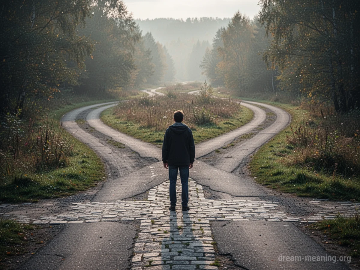 A person stands at a fork in the road, gazing down one of the paths.