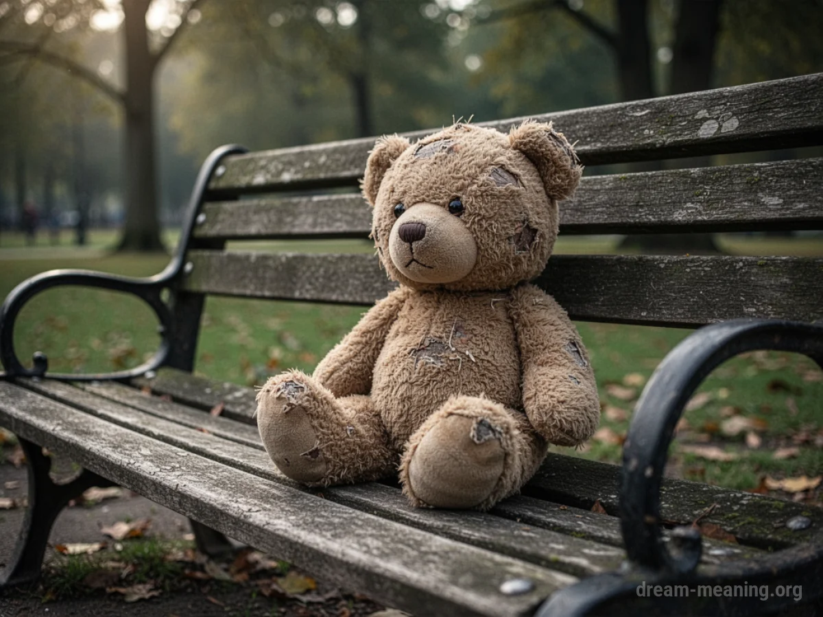 A solitary teddy bear on a park bench.