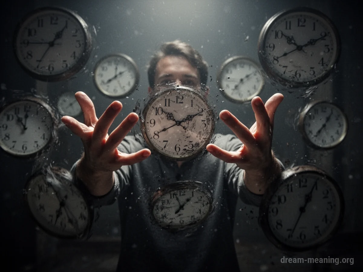Hands reaching towards dissolving clock faces in dim light.
