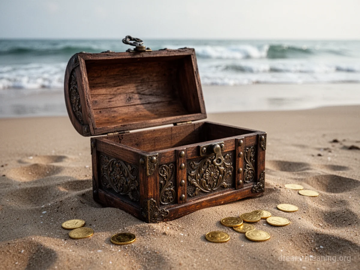 An open, empty treasure chest on a sandy beach with a few coins scattered around it.
