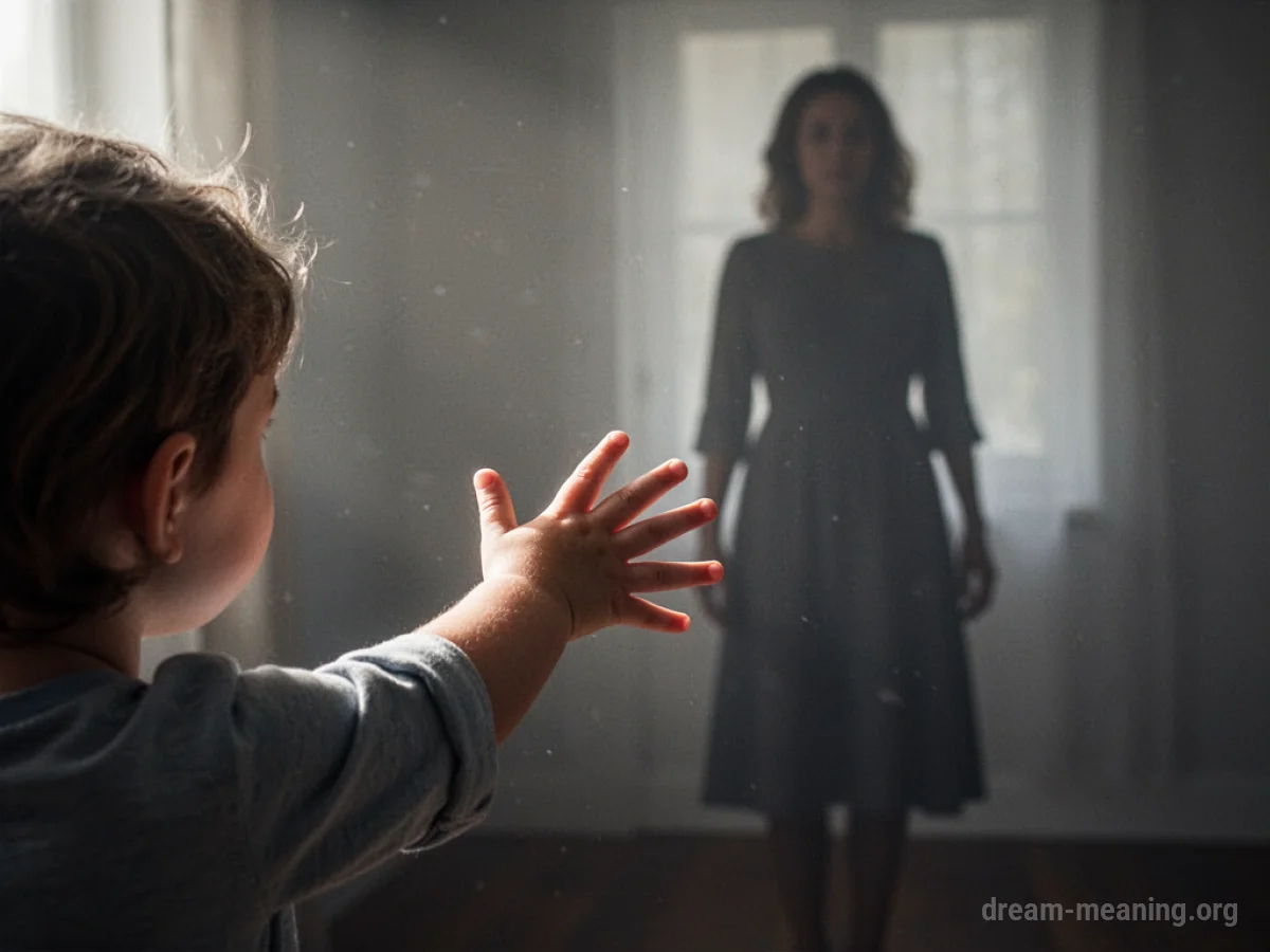 A child's hand reaching towards a distant, blurred figure of a woman.