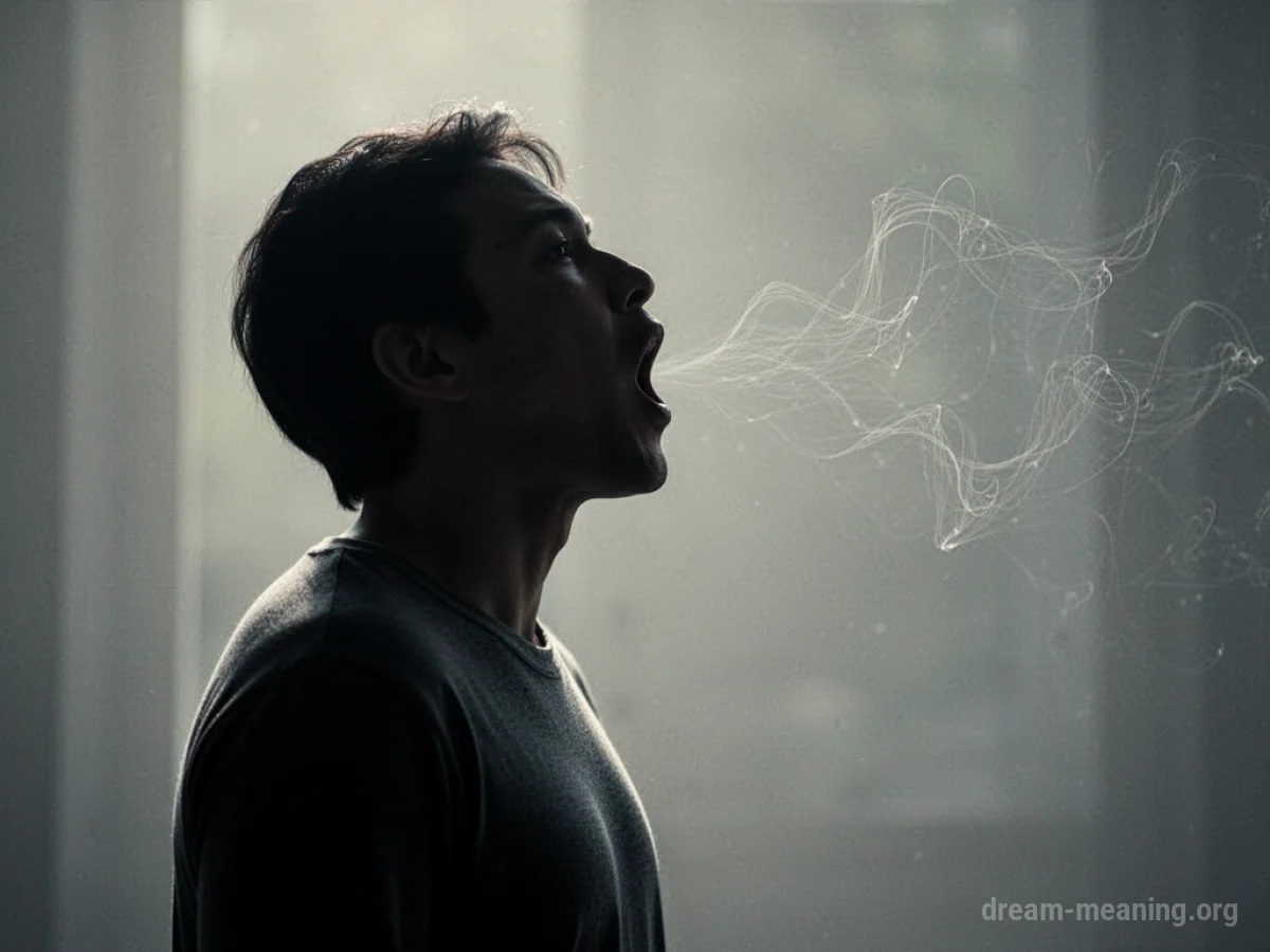 Silhouette of a person with an open mouth, emitting faint dissolving lines.