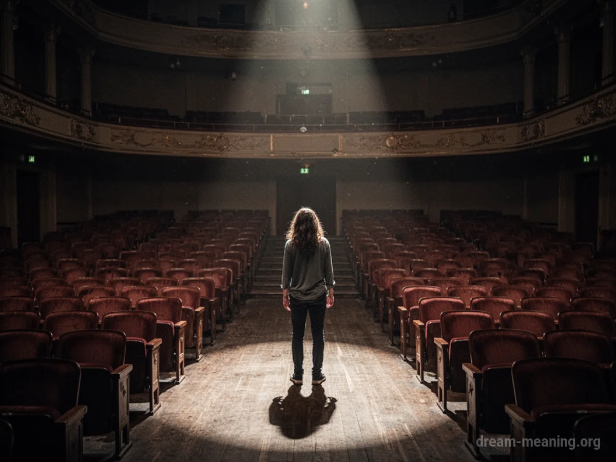 A solitary figure stands in the middle of a dark, empty theater.
