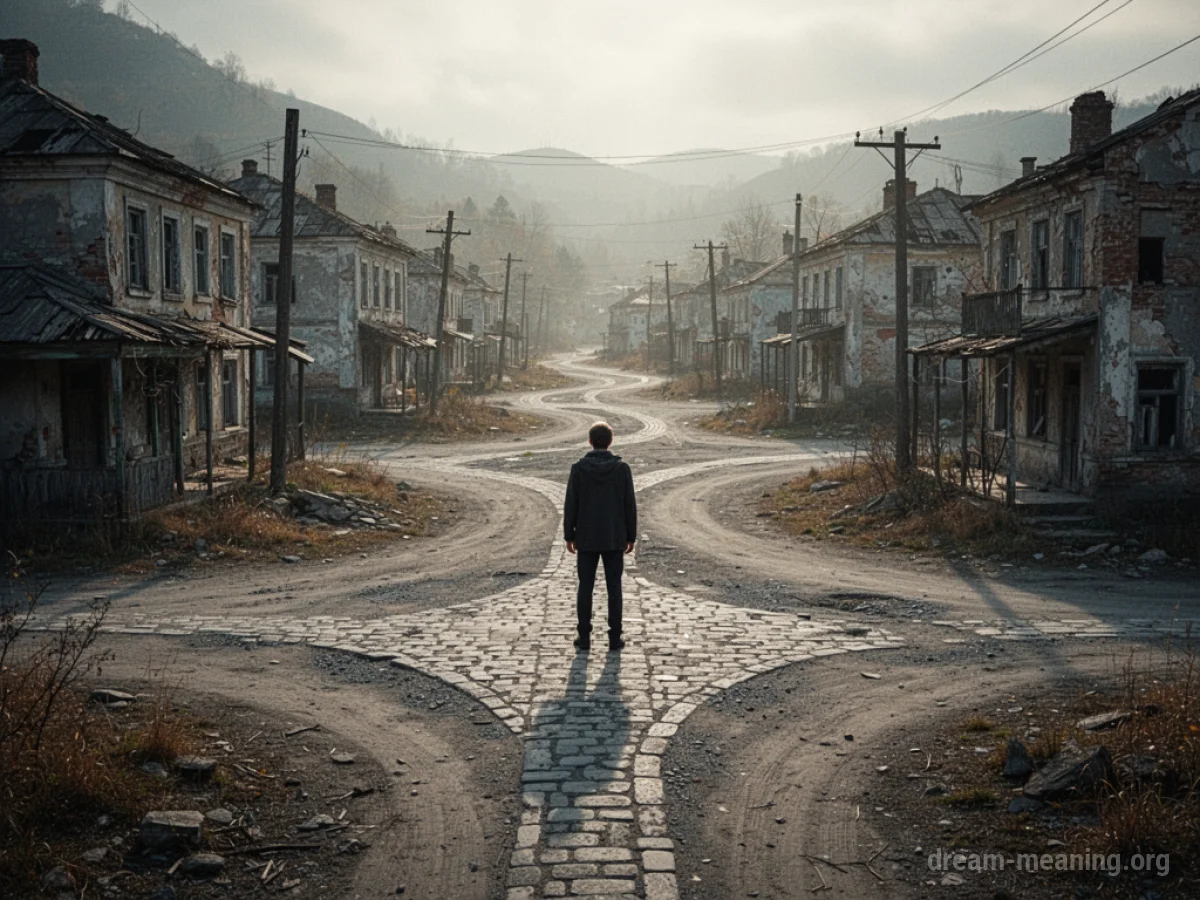 A person stands at a crossroads in an empty town.