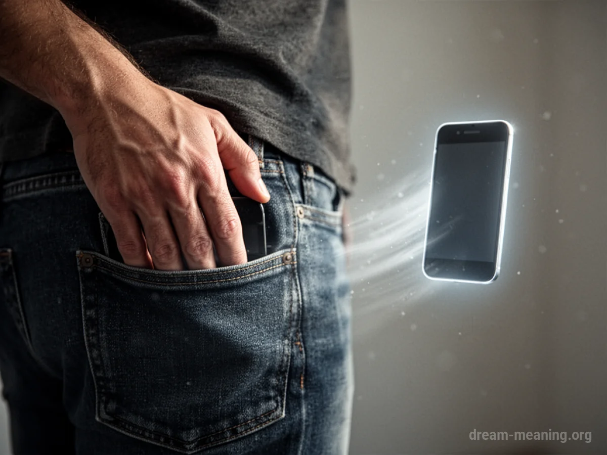 A hand reaching into an empty pocket with a faint outline of a phone fading away.