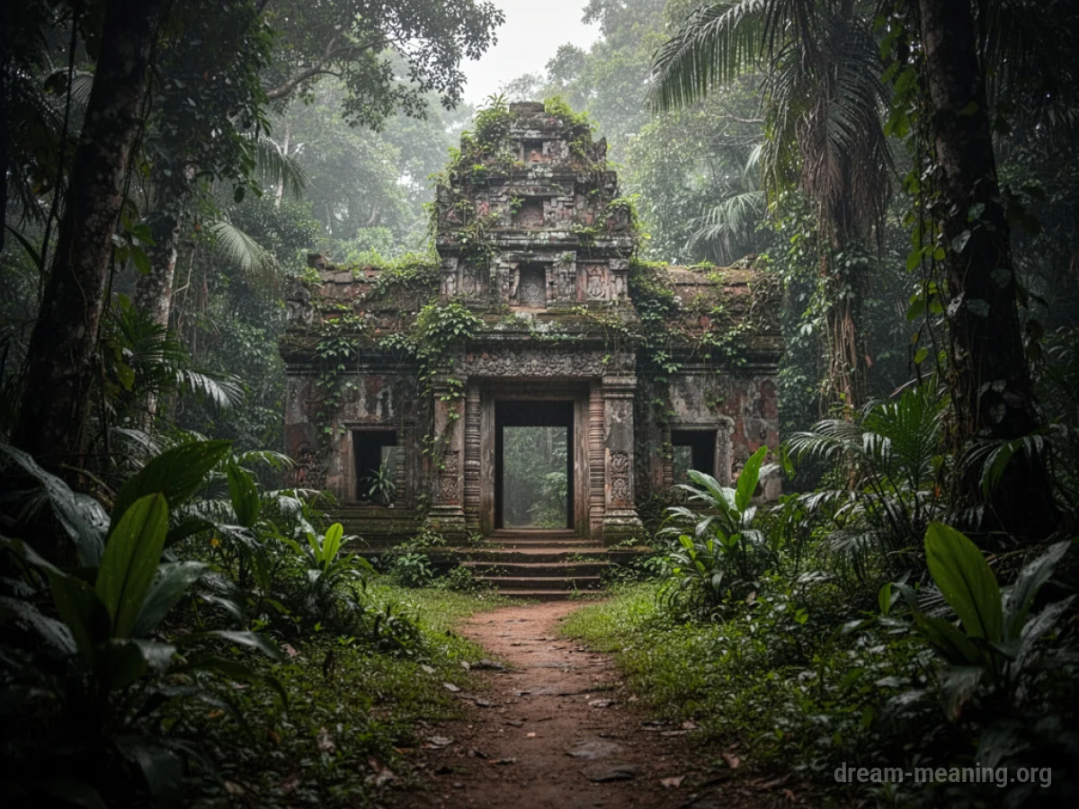 An ancient stone temple structure overgrown with vines and trees, partially hidden.