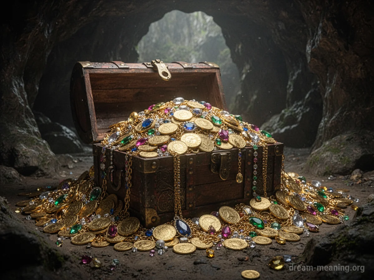 A large pile of gold coins and jewels overflowing from an open treasure chest.