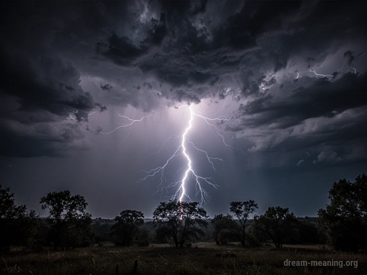 A bright lightning strike illuminating a dark, stormy sky above silhouetted trees.