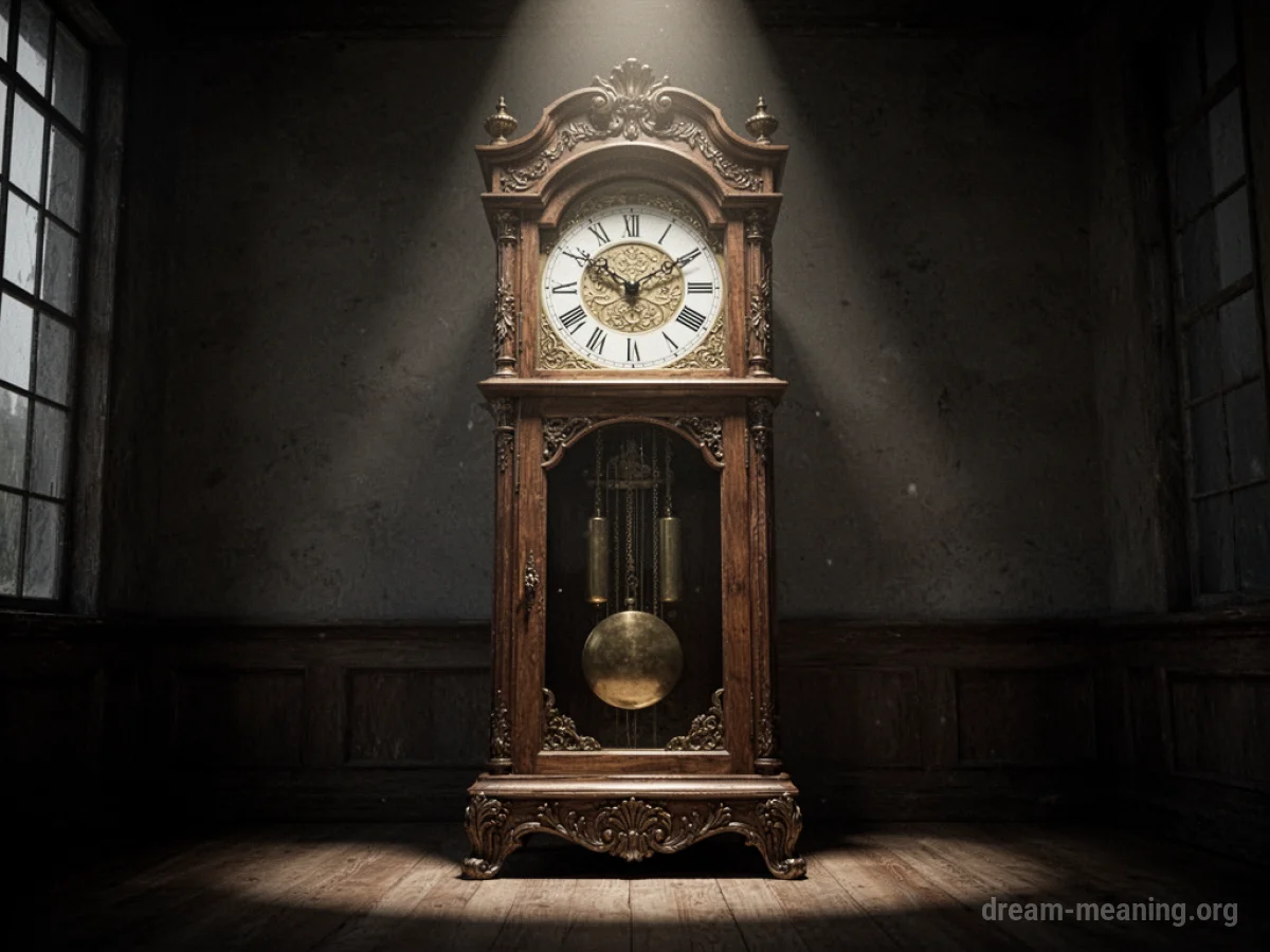A close-up of a grandfather clock's face with a swinging pendulum.