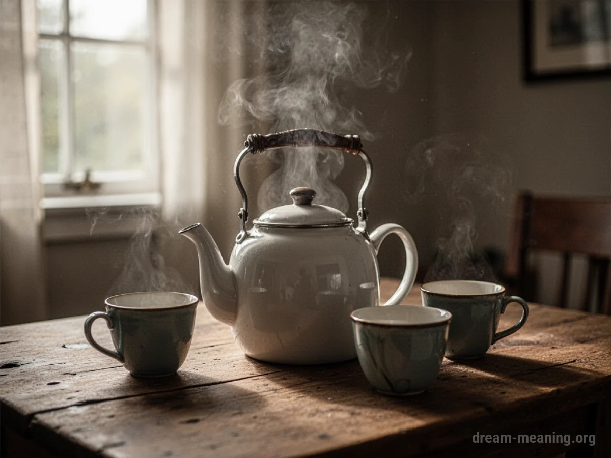 A teapot and two cups on a table with sunlight.