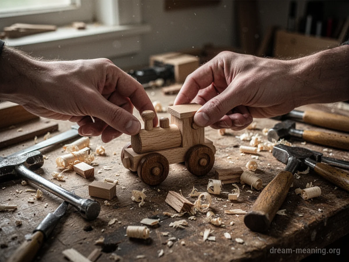Hands assembling wooden toy parts on a workbench.
