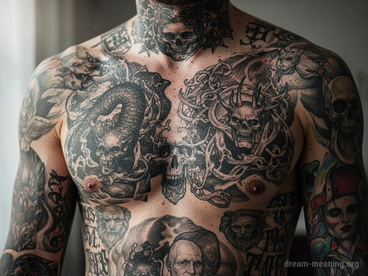Close-up view of skin densely covered with diverse tattoo designs.