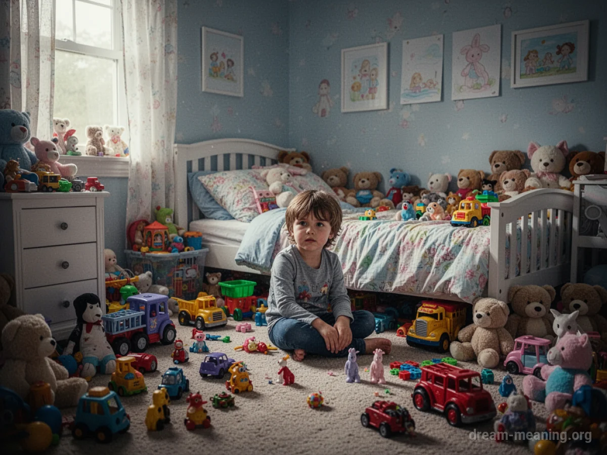 A room filled with toys scattered across the floor and furniture.