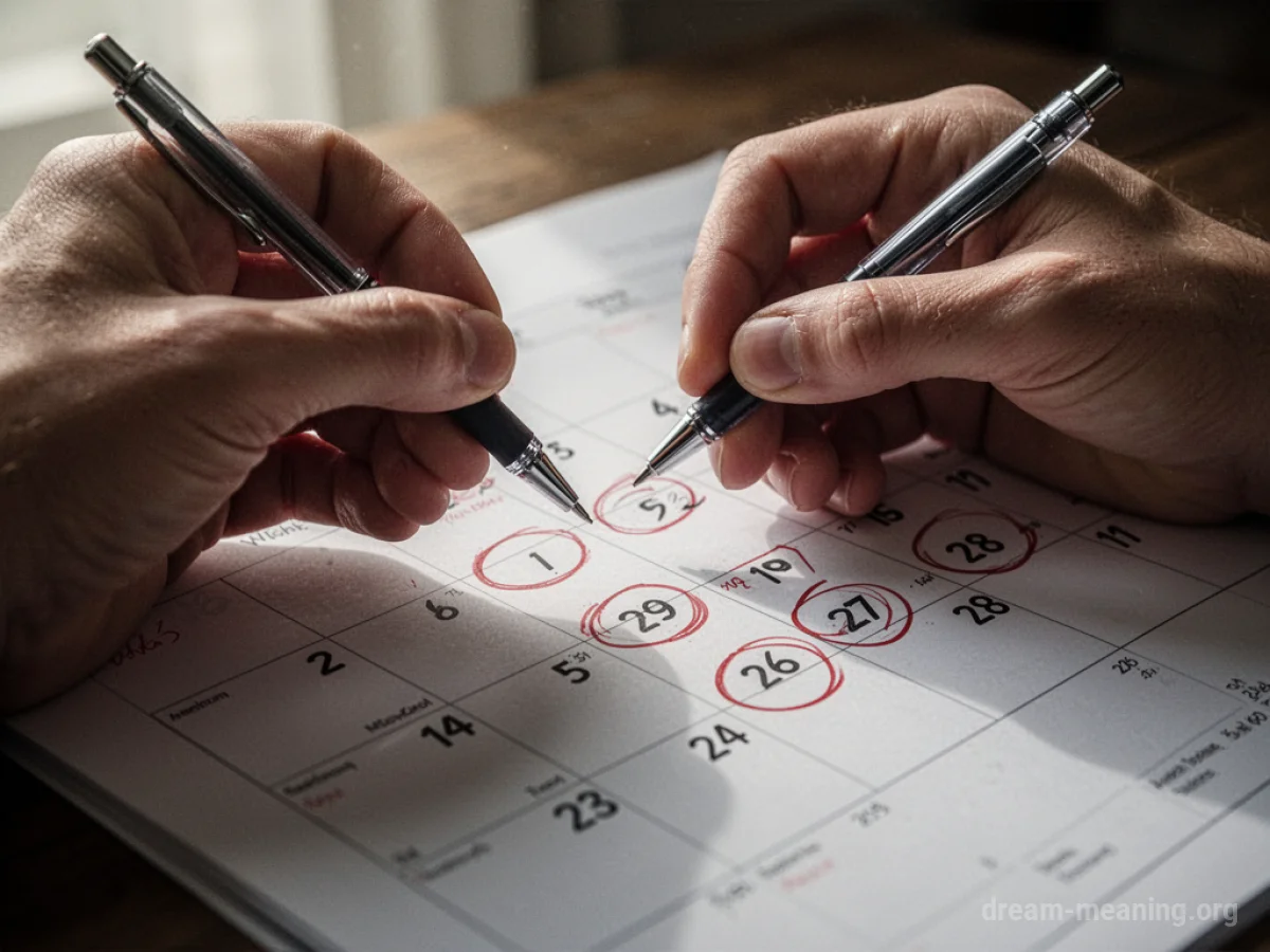A hand with a pen about to circle a date on a wall calendar.