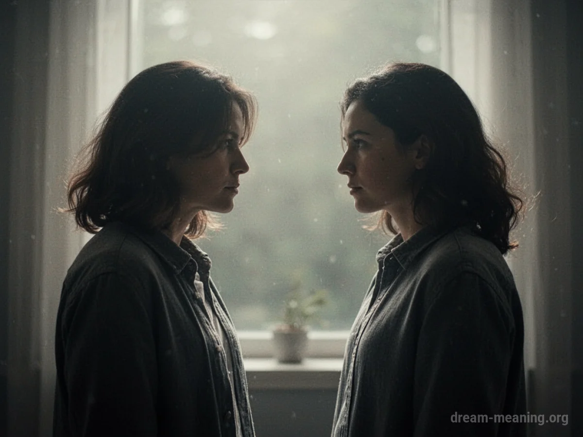 Two silhouetted figures facing each other in a neutral space.