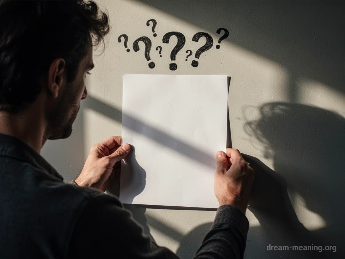 A person looking at a blank page with question marks.