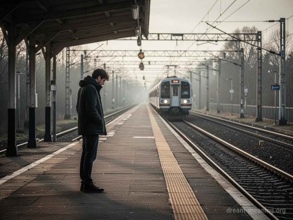 A person standing on a deserted train platform watching a train depart.