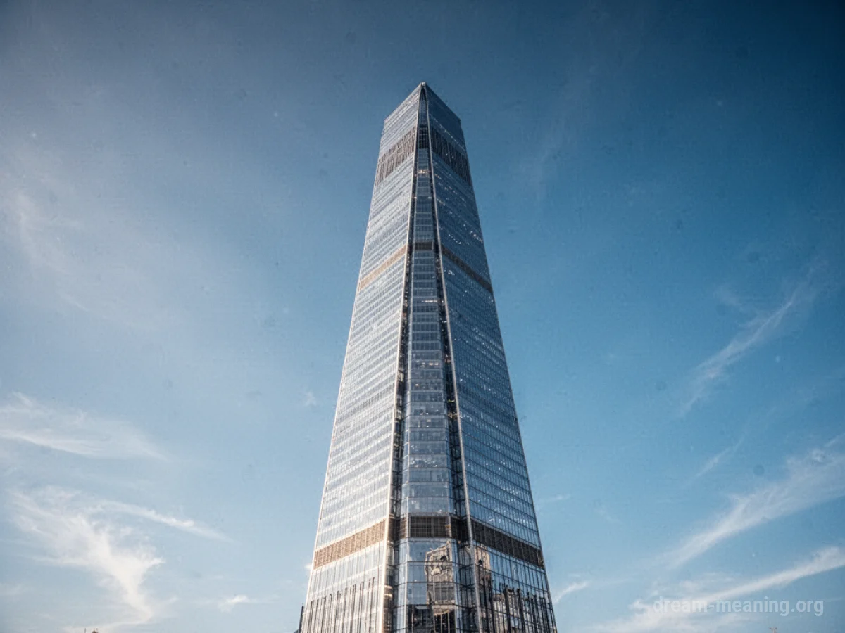A tall, reflective skyscraper against a bright sky.