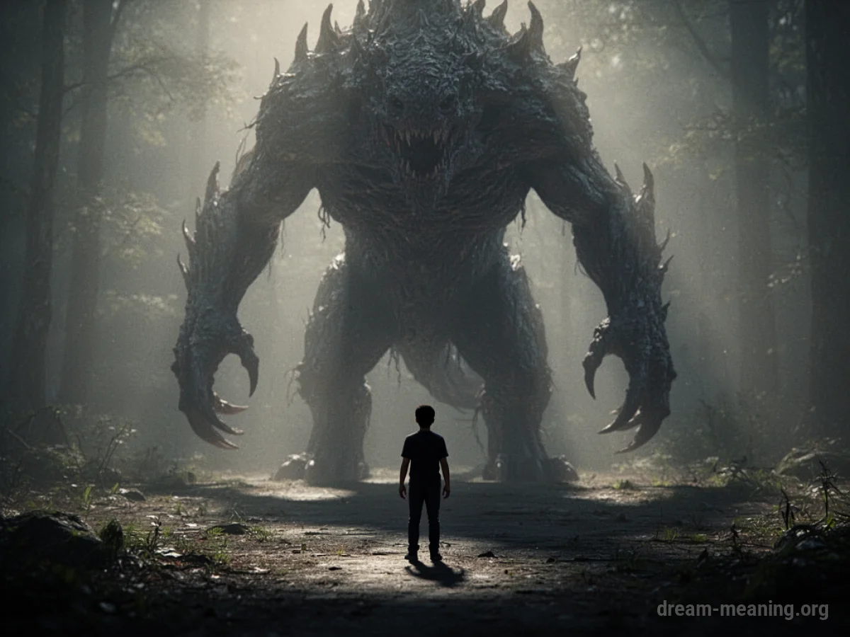 A large, dark, abstract shape with glowing eyes looms behind a small human silhouette.